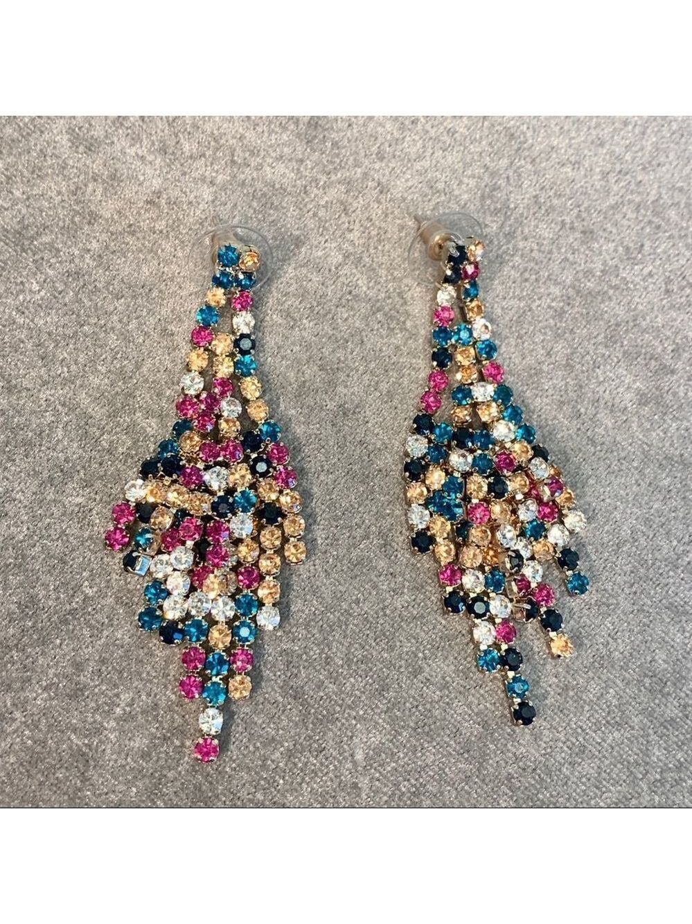 Multicoloured rhinestone dangling chandelier earrings Vegas formal wedding prom